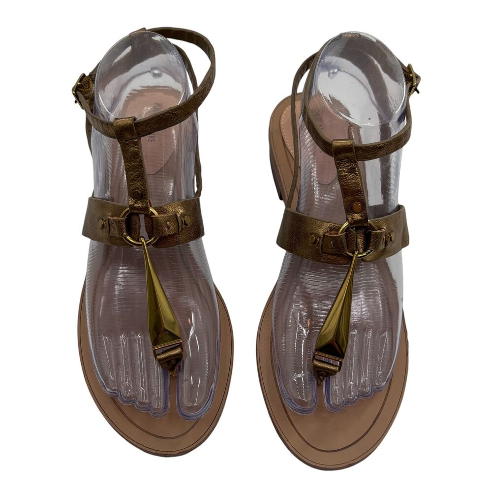 Pour La Victoire Gold Acadia Leather Stacked Heel Sandals - Picture 2 of 9
